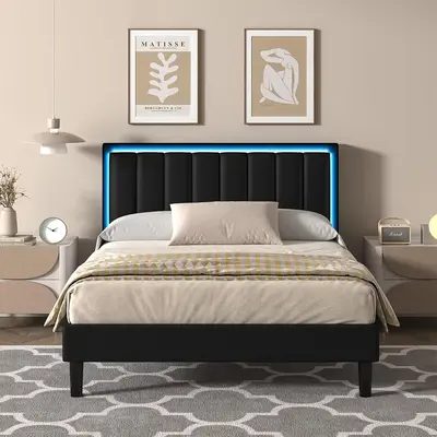 HOMBCK Upholstered Modern Bed Frame, LED Lights, No mattress, PU Leather Headboard, Wood and Metal Slats Support, Noise Free,...