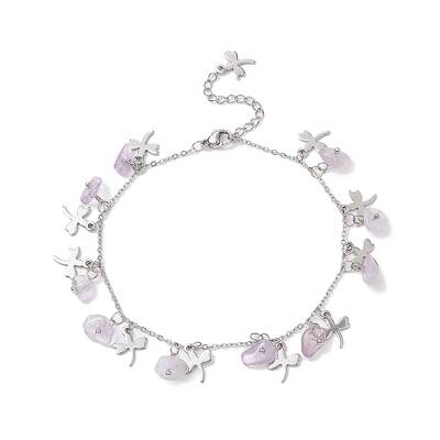 Natural Amethyst Chips & Dragonfly Charms Anklet