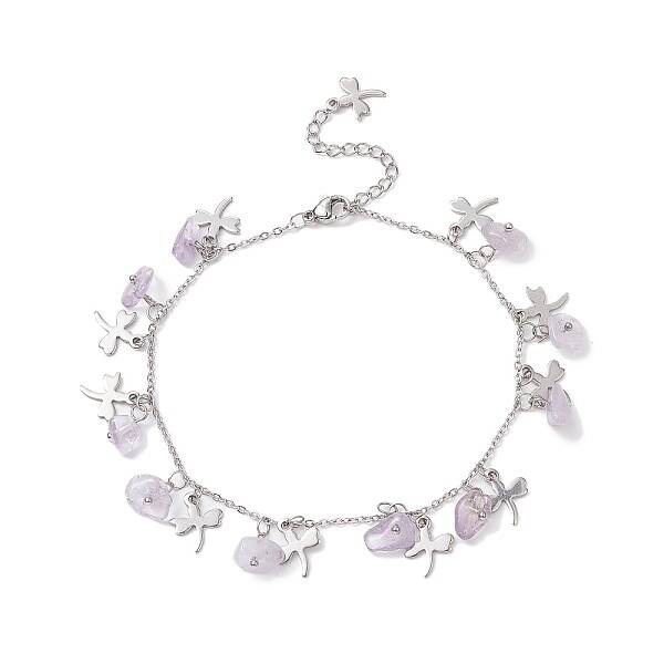 Natural Amethyst Chips & Dragonfly Charms Anklet