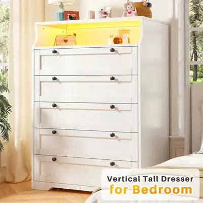 RaybeeFurniture Dresser with LED Light, Tall Dresser for Bedroom, 5 Drawers & 2 Shelves Space Saver for Bedroom, Hallway, Clo...