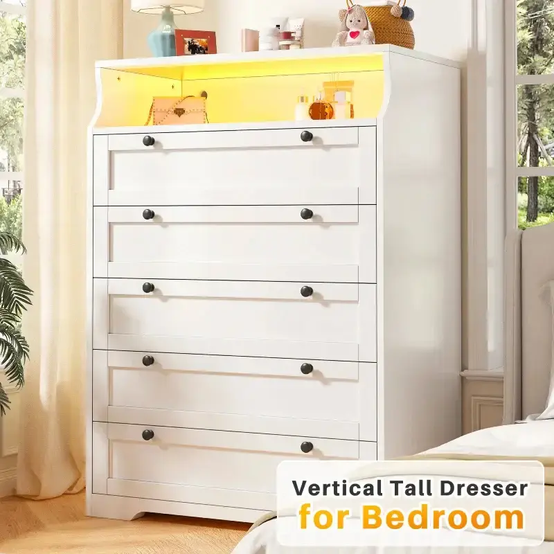 RaybeeFurniture Dresser with LED Light, Tall Dresser for Bedroom, 5 Drawers & 2 Shelves Space Saver for Bedroom, Hallway, Clo...