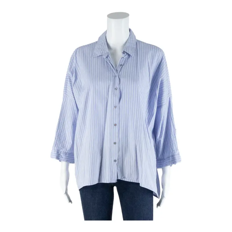 ZARA BASIC DENIM Blue Collared Striped 3/4 Sleeve Button-Up Womens L