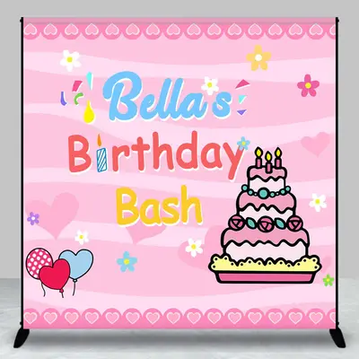 Custom Name Pink Cake Balloon Birthday Bash Backdrop