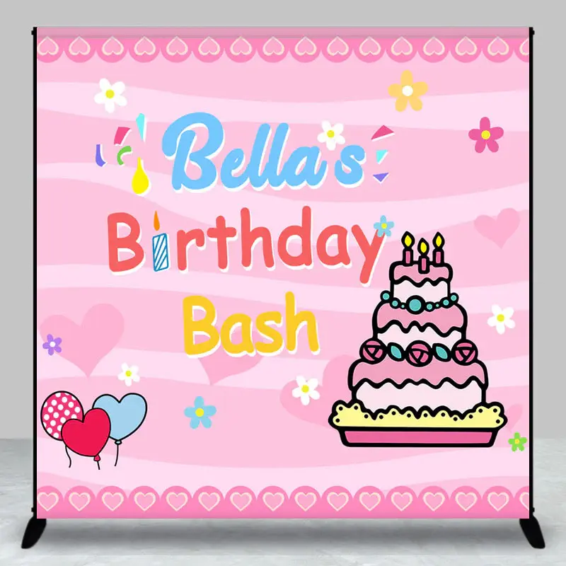 Custom Name Pink Cake Balloon Birthday Bash Backdrop