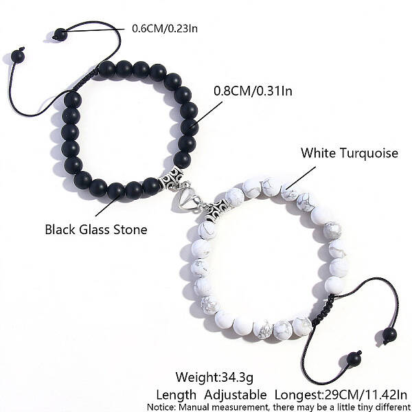 2 Pcs Synthetic Black Stone & Howlite Couple Bracelets with Heart Magnetic Attraction