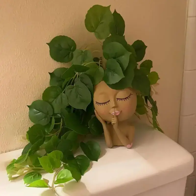 Creative Figure Statue Design Flower Pot, 1 Count Closed Eye Face Design Succulent Planter, Face Flower Vase For Indoor Outdo...