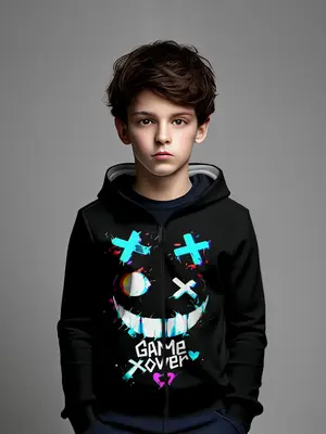 Boys' Game-Themed Zip-Up Hoodie, Casual Fitted Design, Moderate Fabric, Perfect for Fall & Winter, Stylish Gaming Apparel