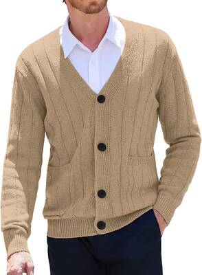 Cardigan Knit V Neck Button up Sweaters (US Only), Khaki / L