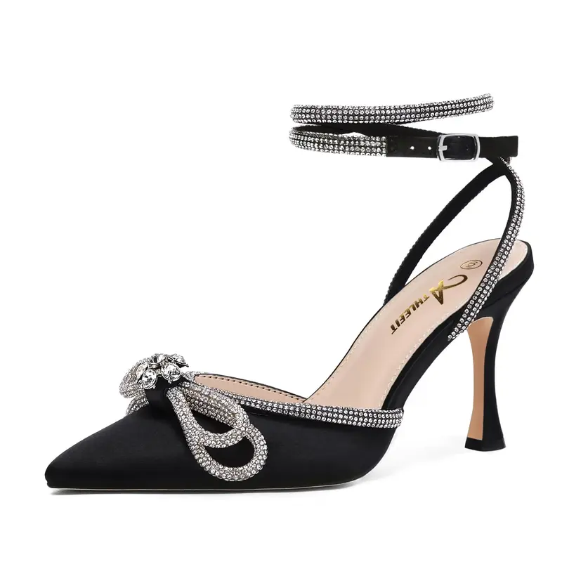 Athlefit Women's Rhinestone Bow Heels Ankle Strap Pointed Toe Stiletto Heeled Sandals Wedding Bridal Dress Pumps Shoes Footwe...