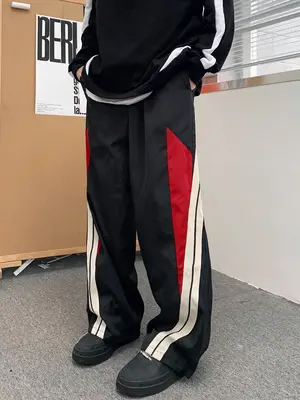 Men's Colorblock Print Drawstring Waist Wide Leg Pants, Trendy Street Style Pocket Trousers for Daily Wear, Men's Fall & Wint...