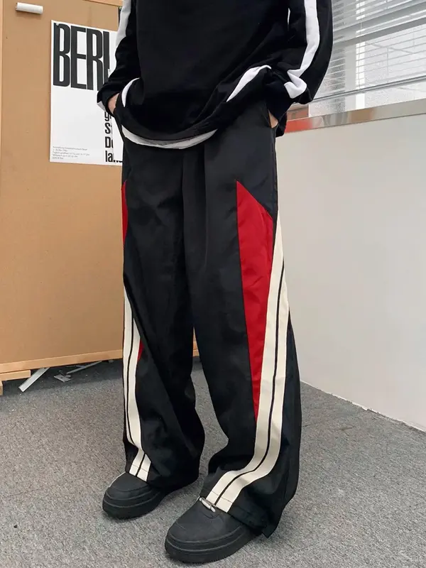 Men's Colorblock Print Drawstring Waist Wide Leg Pants, Trendy Street Style Pocket Trousers for Daily Wear, Men's Fall & Wint...