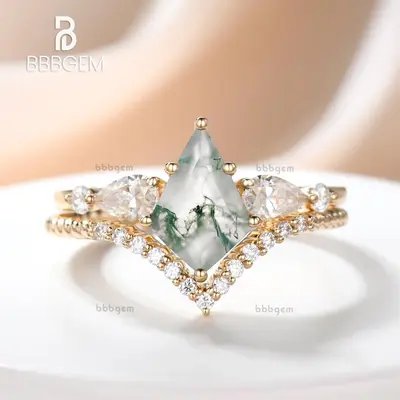 Women Geometric Green Moss Agate Ring Set Kite Lozenge Ring White Gold