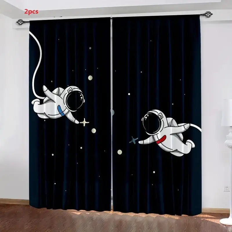 Astronaut & Starry Sky Pattern Curtain, 2pcs Decorative Window Curtain for Bedroom Living Room
