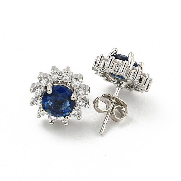 Flower Brass Micro Pave Clear Cubic Zirconia Stud Earrings