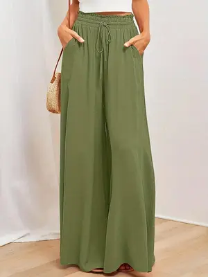 Women's Plain Pocket Drawstring Paper Bag Waist Wide Leg Pants, Casual High Waist Trousers for Fall, Back To School Pants for...