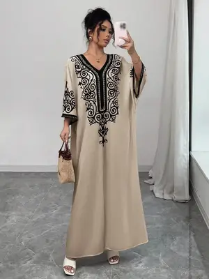 Muslim Women V Neck Floral Fashion Loose Print Long Dress, Traditional Elegant Design, Casual Spring Autumn Wear, Classy Mode...