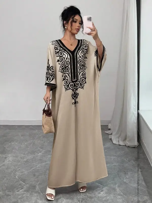 Muslim Women V Neck Floral Fashion Loose Print Long Dress, Traditional Elegant Design, Casual Spring Autumn Wear, Classy Mode...