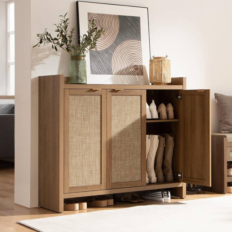 Garvee Boho 47 Rattan Shoe Storage Cabinet with 3 Doors and Adjustable Shelves for Hallway Living Room, Dark Oak