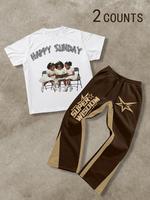 Two-Piece Set Men's Cartoon Print Tee & Star Print Sweatpants, Regular Fit Casual Fashion Cozy Breathable Short Sleeve T-shir...