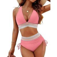 Women's Bikini High Waist Split Color Match Set Tether Swimsuit