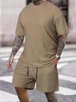 Men's Solid Textured Round Neck Tee & Drawstring Waist Shorts Pyjama Set, Short Sleeve Top & Shorts Set, Casual Comfy Men's S...