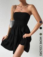 Women's Solid Shirred Ruffle Hem Tube Dress, Fashion Casual Strapless A Line Dress for Daily Outdoor Wear, Women Dress for Su...