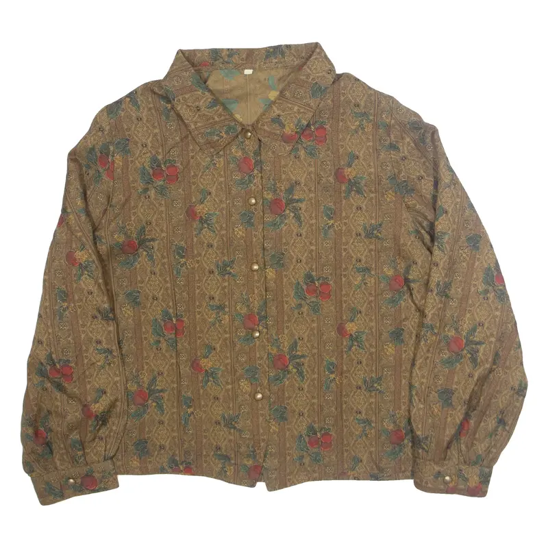 Womens Printed Shirt Brown Collared Long Sleeve 90s Crazy Pattern S