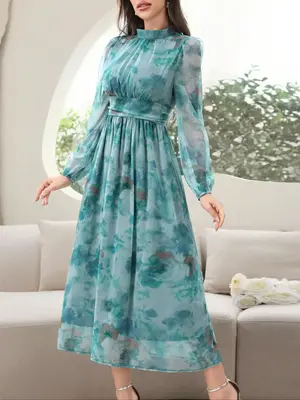 Women's Floral Print Long Sleeve Chiffon Dress, Elegant Romantic Maxi Dress for Daily Outdoor Wear, Women's Islamic Clothing ...