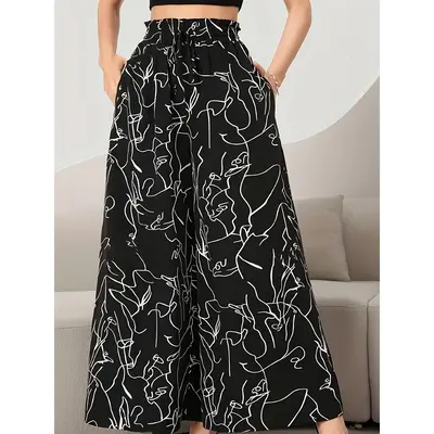High-Waisted Wide-Leg Pants with Imitation Drawstring - Floral Print, 100% Polyester, Casual Style, Suitable for All Seasons,...
