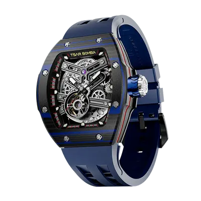 TSAR BOMBA Men's Automatic Skeleton Watch | Interchangeable Luxury Design | Blue | Atomic TB8218 | Carbon Fiber