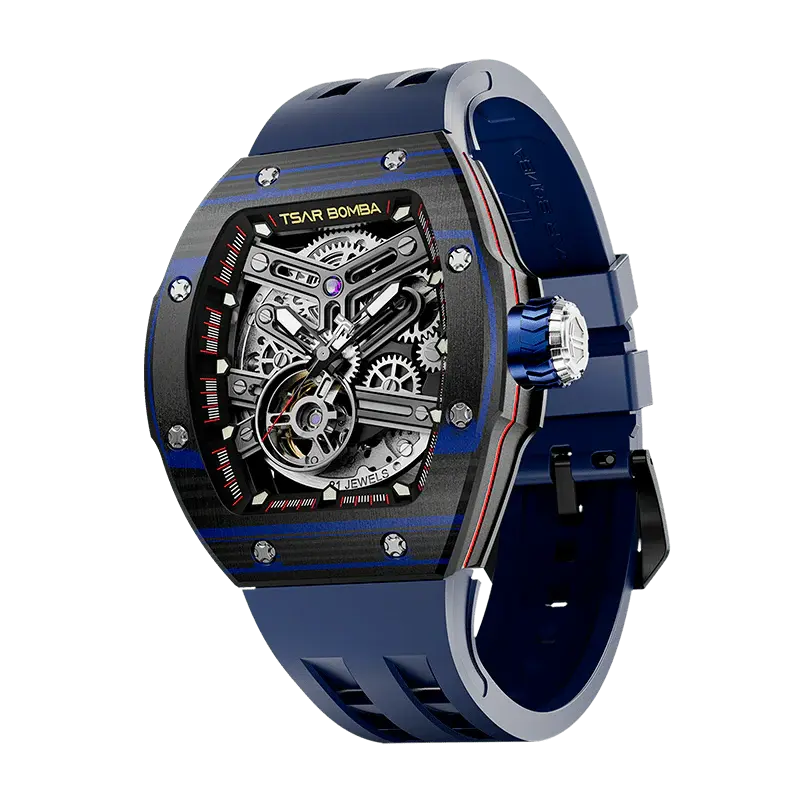 TSAR BOMBA Men's Automatic Skeleton Watch | Interchangeable Luxury Design | Blue | Atomic TB8218 | Carbon Fiber