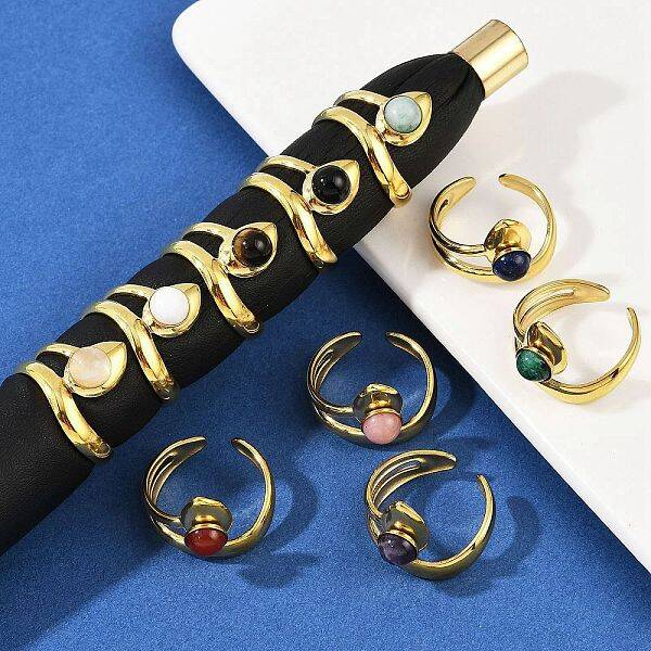 316 Stainless Steel with Natural Mixed Gemstone Cuff Rings