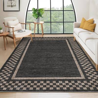 Garvee Large Area Rug 9x12 Modern Geometric Checkered Border, Non Slip TPR Backing, Low Pile Soft Polyester Fiber, Washable, ...