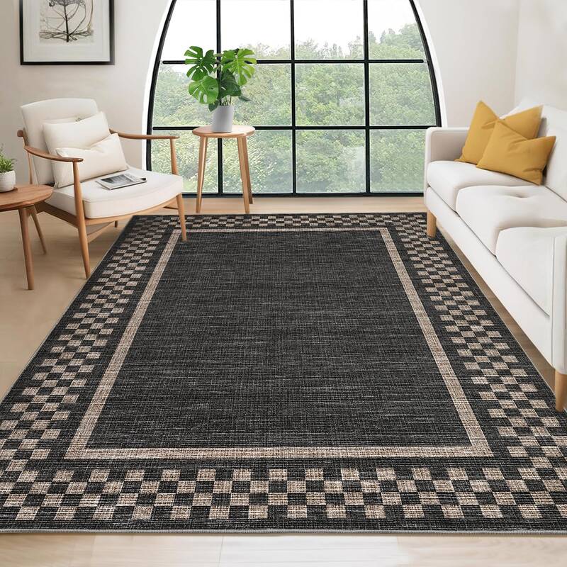 Garvee Large Area Rug 9x12 Modern Geometric Checkered Border, Non Slip TPR Backing, Low Pile Soft Polyester Fiber, Washable, ...