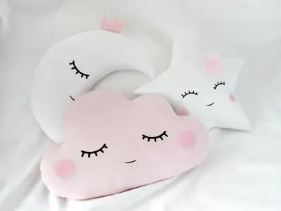 Set of 3 Pillows - Cloud (2 colors), White Crescent Moon and White Star Pillows with Pale Pink Touch