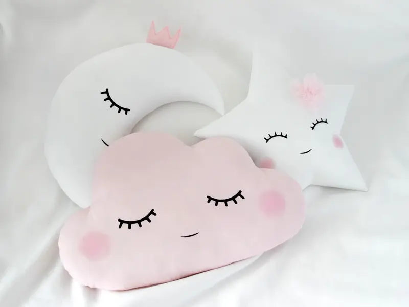 Set of 3 Pillows - Cloud (2 colors), White Crescent Moon and White Star Pillows with Pale Pink Touch
