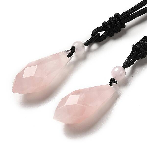 Cone Natural Rose Quartz Pendant Necklace with Nylon Rope for Women