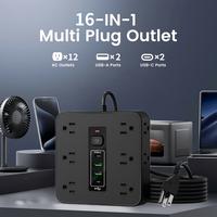 16-in-1 Power Socket with Surge Protection - 12 AC Sockets & 4 USB Ports 2 USB-C Flat Space Saving Overload Protection 1.5m H...