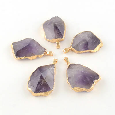 Mixed Shape Faceted Golden Plated Natural Amethyst Pendants with Iron Clasps