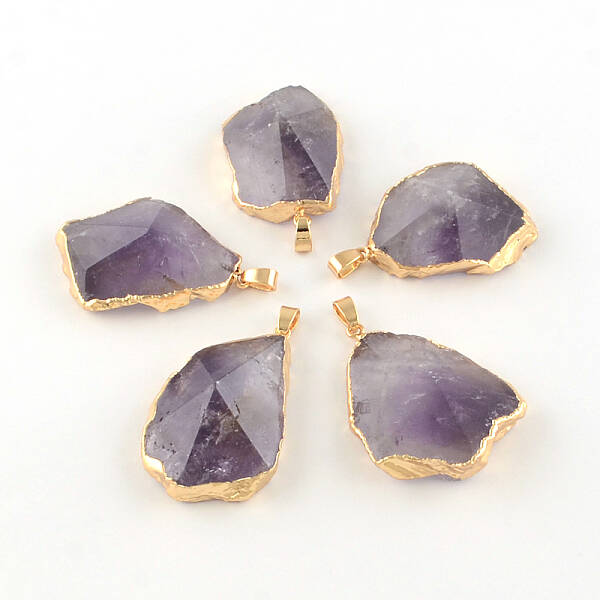 Mixed Shape Faceted Golden Plated Natural Amethyst Pendants with Iron Clasps