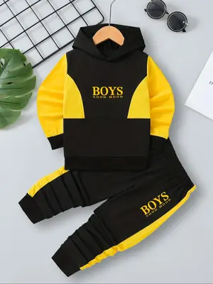 Two-piece Set Toddler Boy's Colorblock Letter Print Hoodie & Elastic Waist Sweatpants, Casual Long Sleeve Hooded Sweatshirt &...