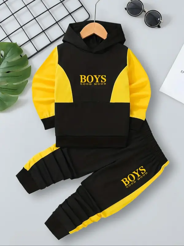 Two-piece Set Toddler Boy's Colorblock Letter Print Hoodie & Elastic Waist Sweatpants, Casual Long Sleeve Hooded Sweatshirt &...