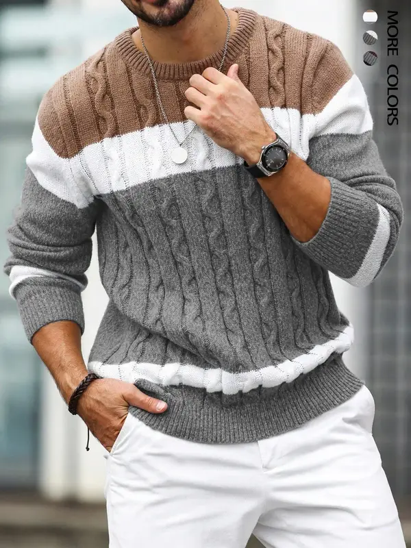 Men's Colorblock Round Neck Cable Knit Sweater, Regular Fit Casual Long Sleeve Crew Neck Jumper for Fall & Winter, Fashion Me...