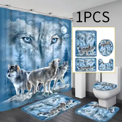 Wolf Pattern Bathroom Shower Curtain with Hooks, U-shaped Contour Toilet Mat, Bath Mat, Toilet Lid Seat Cover, Home Bathroom ...
