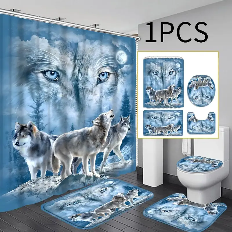 Wolf Pattern Bathroom Shower Curtain with Hooks, U-shaped Contour Toilet Mat, Bath Mat, Toilet Lid Seat Cover, Home Bathroom ...