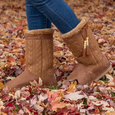 Paw Print Tall Knitted Boots With Beaded Tassels - Tan - 10