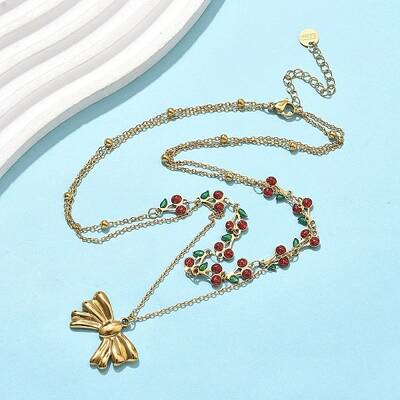 304 Stainless Steel Red and Green Enamel Cherry Bowknot Pendant Double Layered  Necklaces for Women