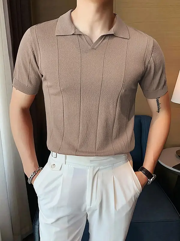 Men's Solid Thin Knit Top, Summer Clothes, Short Sleeve Knitted Polo Shirt, Summer Casual Tops, Black T-shirt for Men, Class...