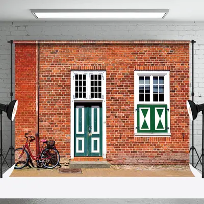 Vintage Red Brick Wall Door Bike Backdrop For Photo - Aperturee