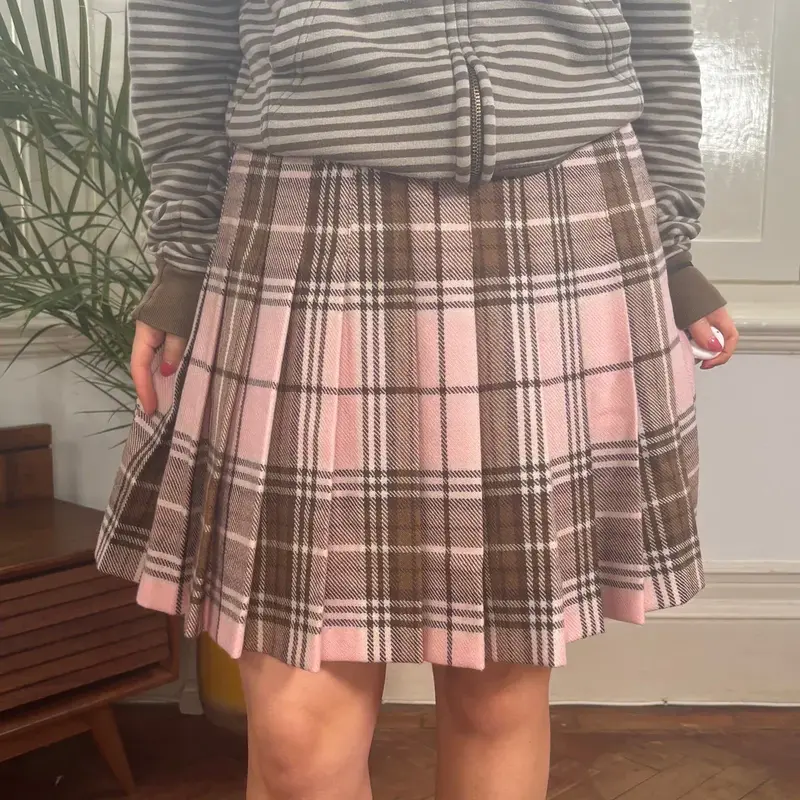 Unbranded Checked Mini Skirt - 28W UK 8 Pink Wool Blend